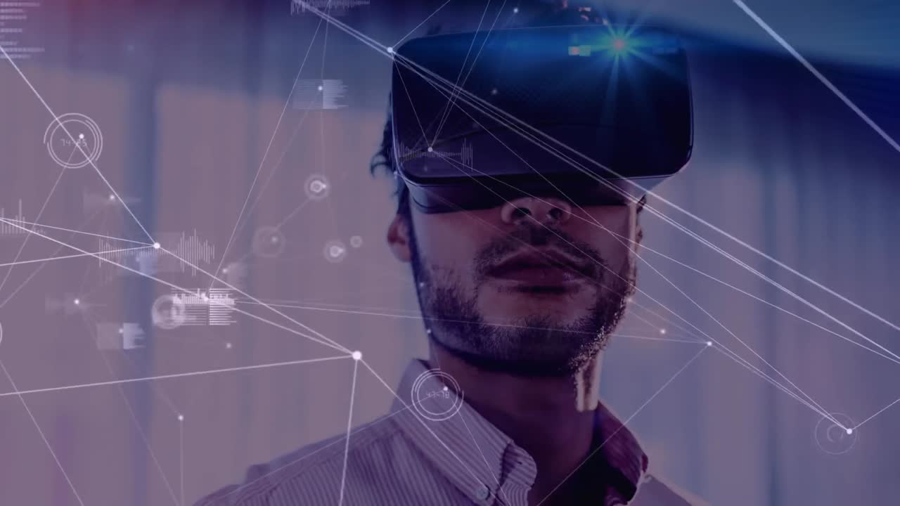 Animation of network of connections and statistics over businessman wearing vr headset