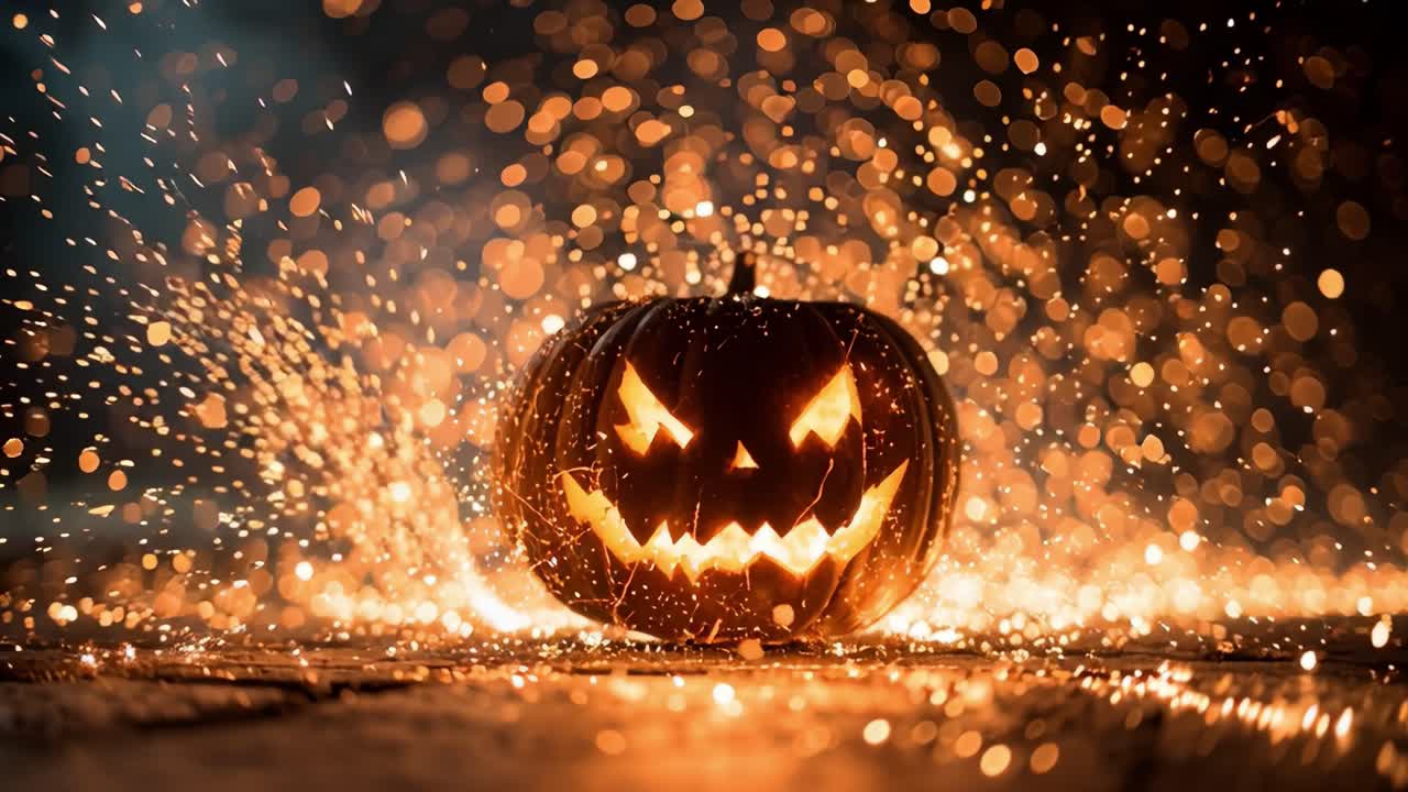 Un'incantevole luce di zucca: Scintille ipnotizzanti emanano da una zucca di Halloween ghignante, creando uno spettacolo ammaliante di luci e ombre