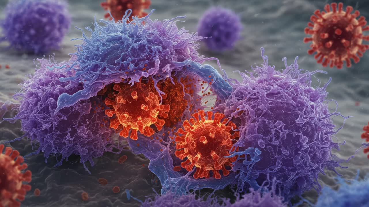 A Microscopic View of Immune Cells Engaging with Pathogens: Examining the Intricate Battle Between Lymphocytes and Viral Particles