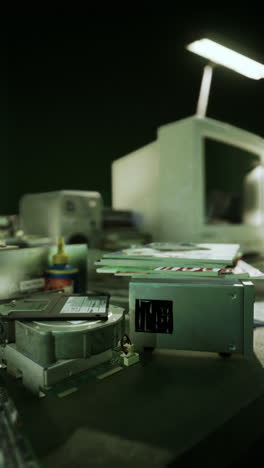 old computer parts on a table