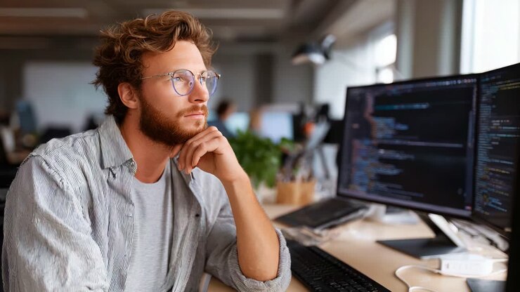 Contemplative young man at a modern workspace deep in thought while working on computer coding tasks, reflecting a moment of focus and creativity
