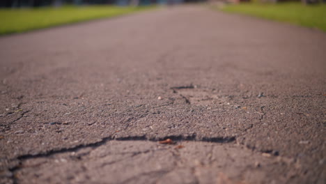 close-up of cracked, textured road surface with visible fissures and rough patches, leading towards a blurred background with green foliage