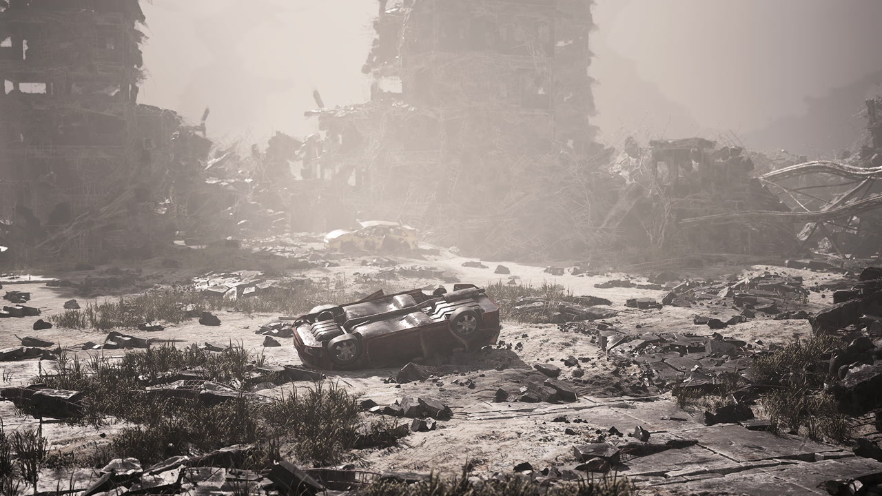 Abandoned vehicle in a desolate urban landscape after destruction