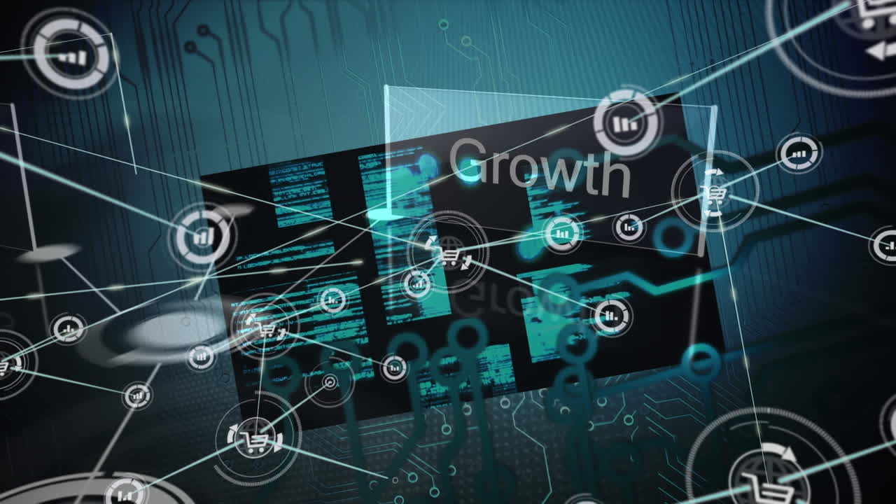 어두운 배경에 아이콘과 비즈니스 텍스트를 가진 연결 네트워크의 애니메이션