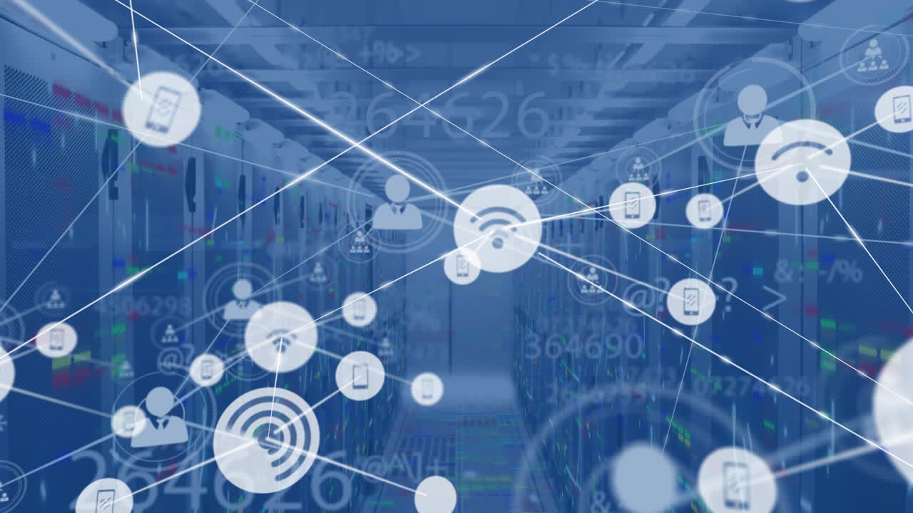 컴퓨터 서버를 통해 디지털 아이콘과 숫자를 가진 연결 네트워크의 애니메이션