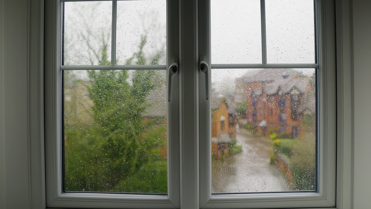 A window with rain pouring down it on a rainy cloudy day in the UK