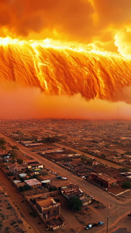 a large orange cloud is seen over a city with a lot of houses. the sky is orange and the clouds are very large
