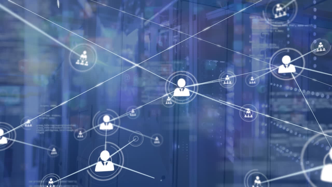 Animation of network of connections with icons over computer servers