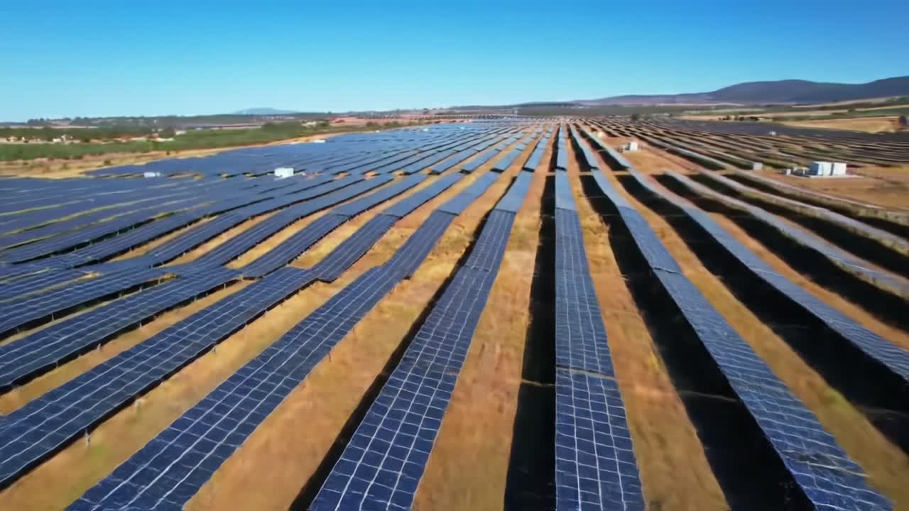 Luftfoto af en omfattende solcellepark med rækker af solceller, der udnytter vedvarende energi under en klar, blå himmel