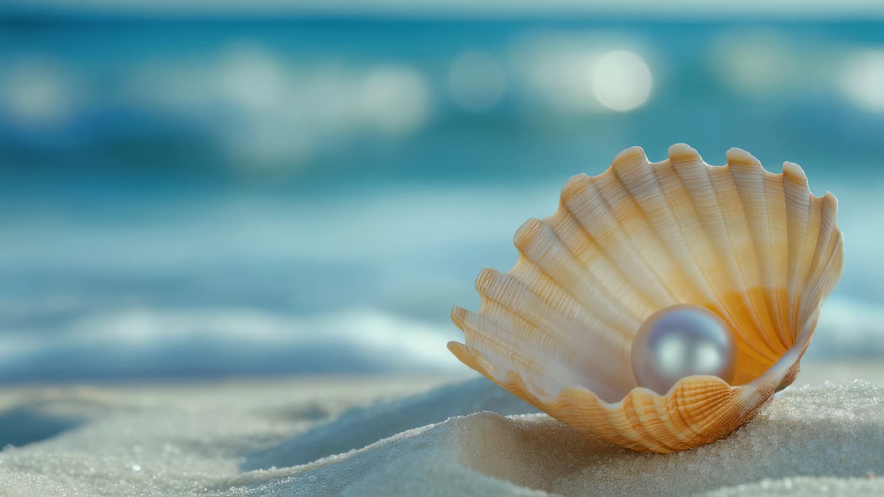 Ocean waves gently crash in the background, creating a serene backdrop for the beautiful pearl nestled within the seashell on the white sand beach