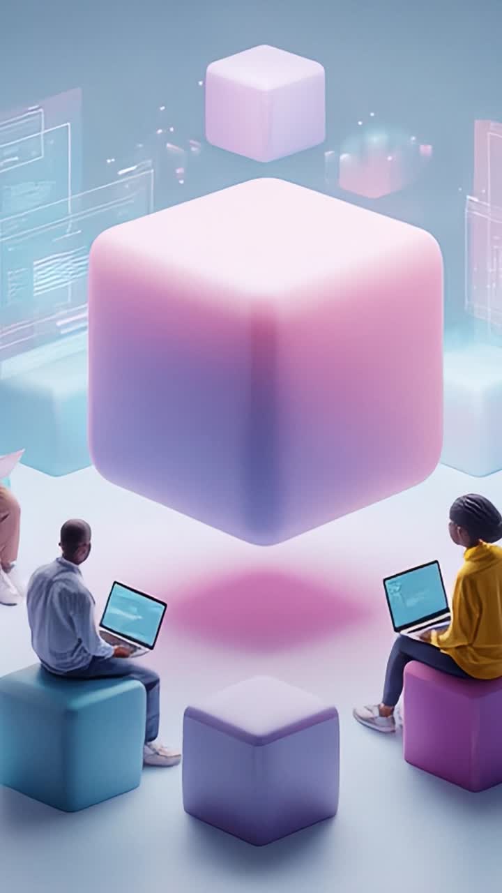 Innovative Technology Interaction: A Group Collaborates in a Digital Space with Floating Cubes, Exploring Ideas on Laptops Amid a Modern Tech Environment