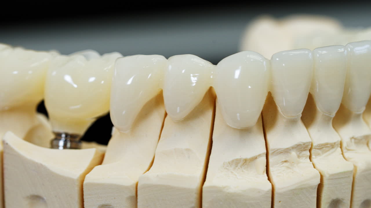 Primo piano macro di una corona di impianto dentale montata su un modello di mascella protesica, usata per l'educazione odontoiatrica, la formazione in implantologia e la dimostrazione di laboratorio.