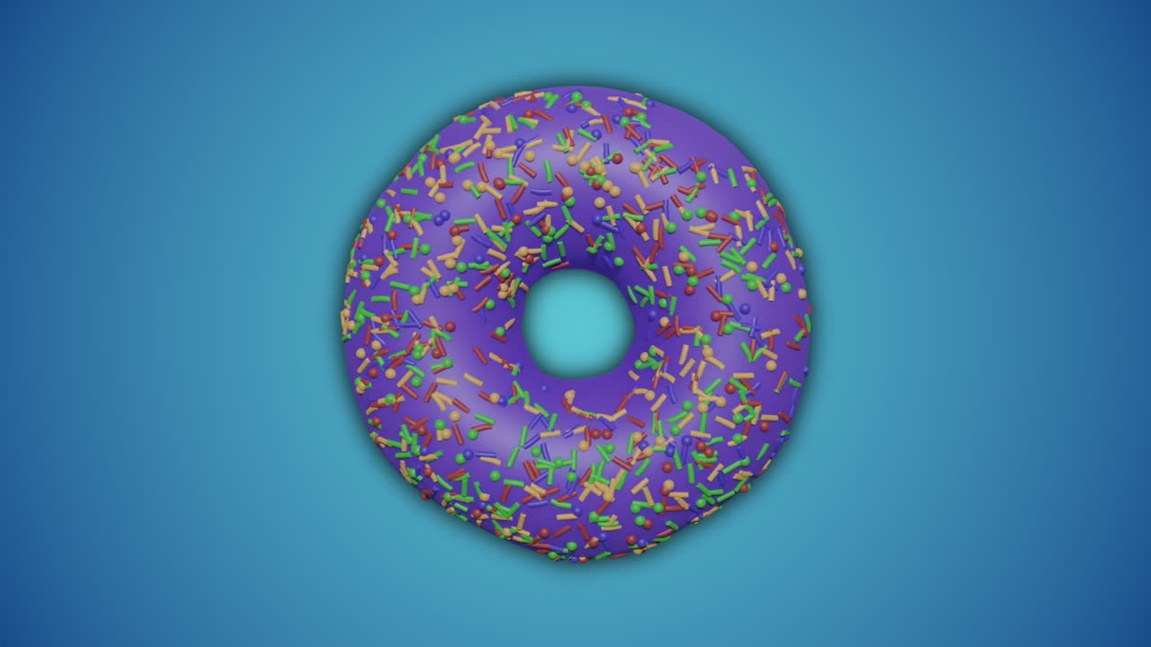 saboroso colorido púrpura esmaltado y salpicado rosquilla girando en fondo abstracto azul