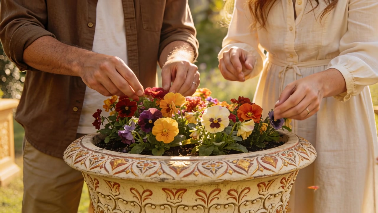 Seeing gaps, couple wearing tan shirt, cream dress tucking pansies into ornate urn in sunlit garden