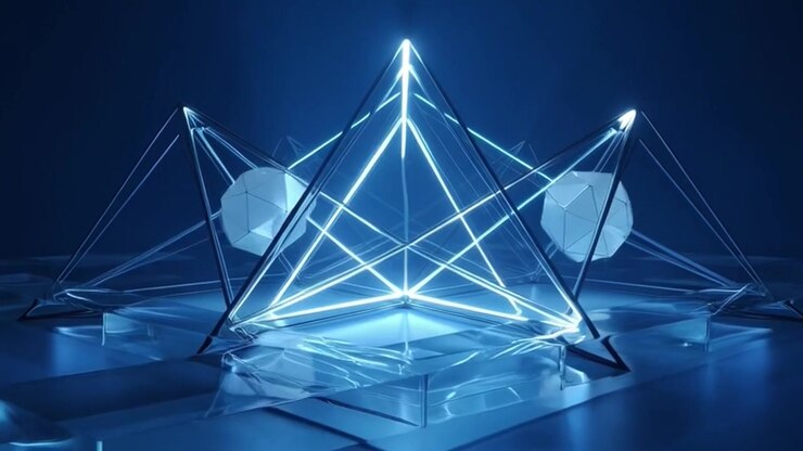 Animazione geometrica astratta con strutture luminose blu incandescenti.