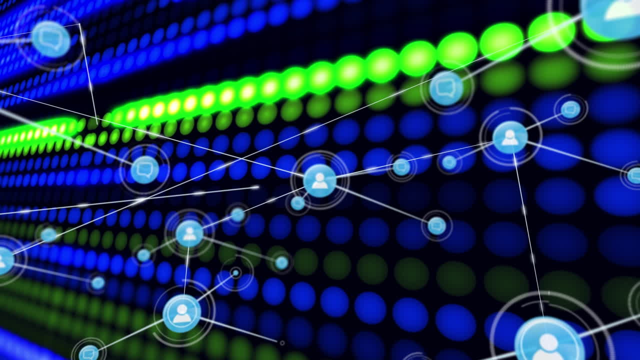animación de la red de conexiones de iconos de correo electrónico en fondo negro con puntos verdes y azules