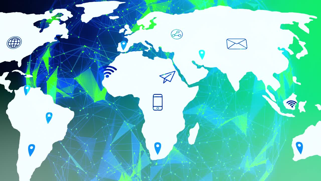 animación del mapa del mundo con marcas de ubicación e iconos técnicos en fondo verde y azul