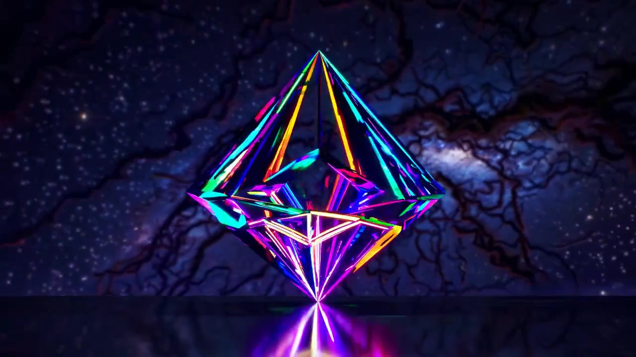 Roterende farverig geometrisk diamant med neonlys og refleksioner