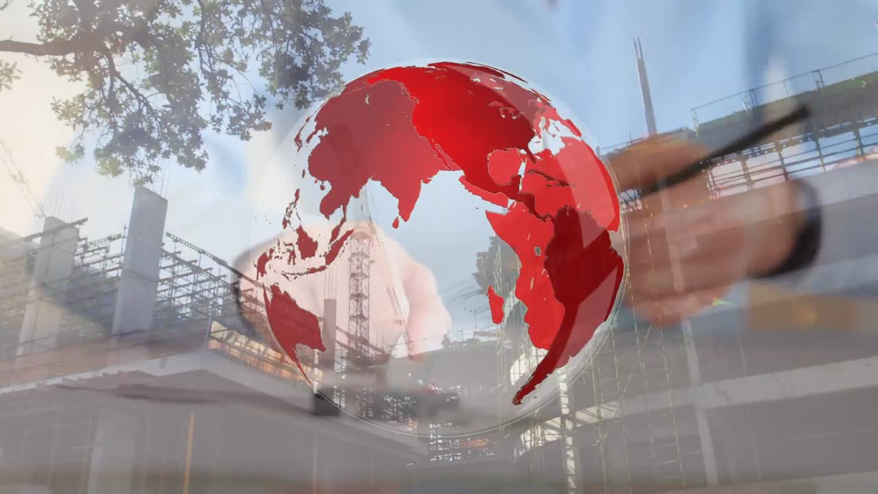 도시 건설 현장 위의 지구의 애니메이션과 여성 건축가 작업