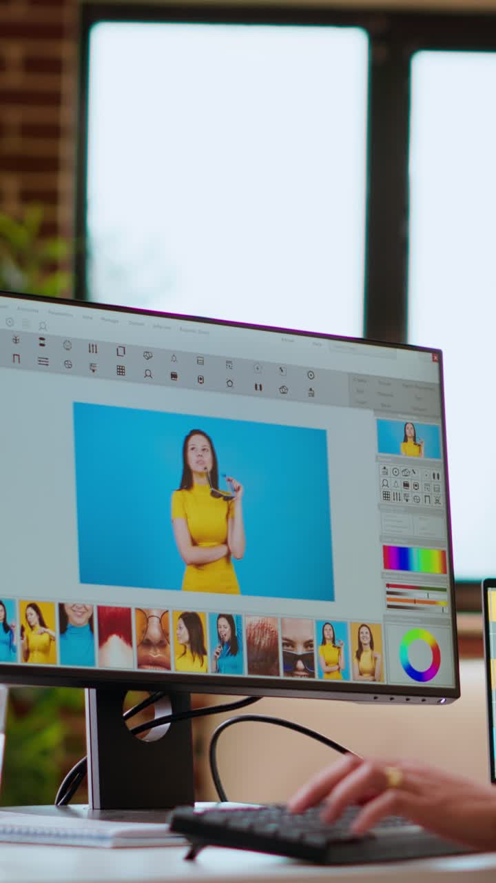 Video verticale: una designer freelance lavora a un progetto di editor di foto in un ufficio remoto