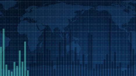 animated bar graphs fluctuate over a world map background, illustrating dynamic financial data changes with a modern, digital aesthetic