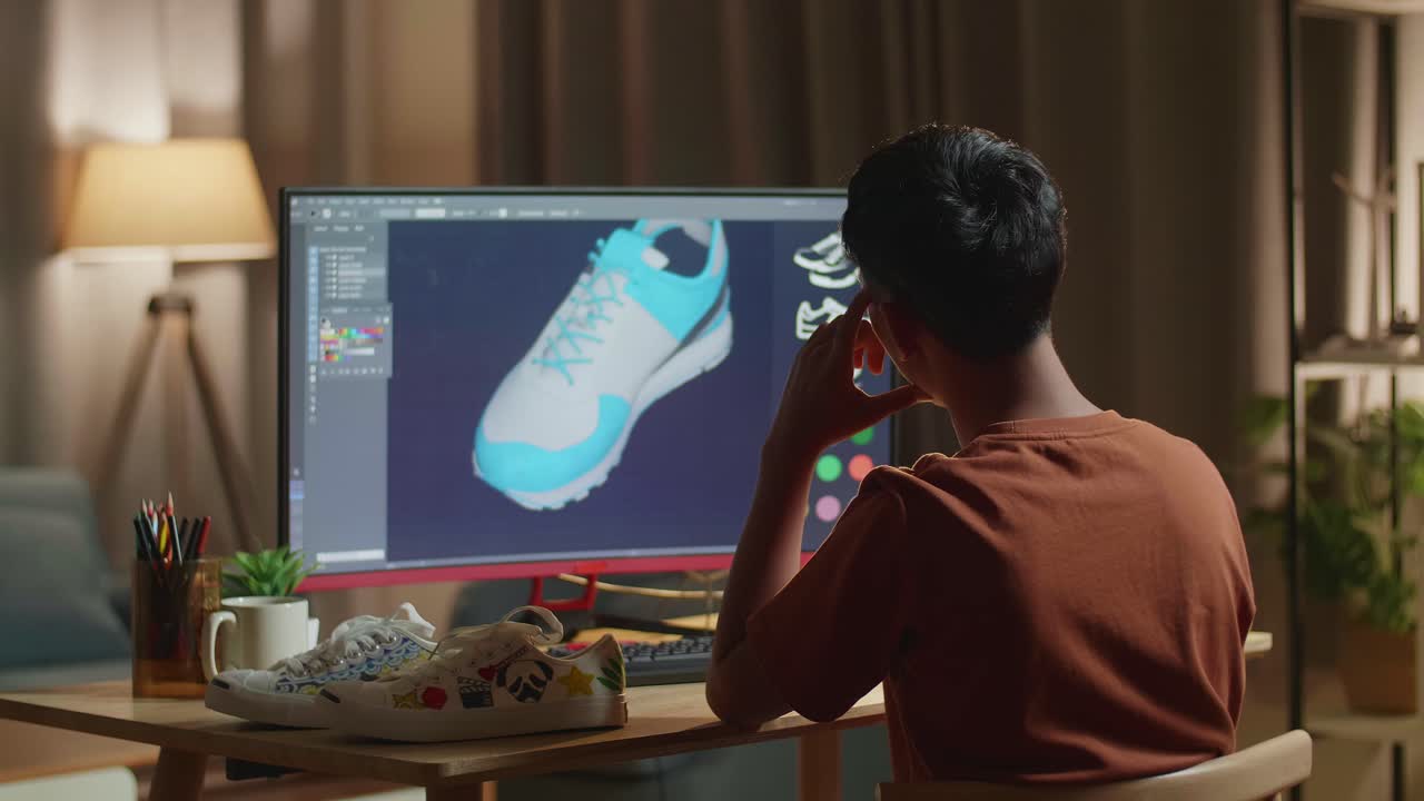 Young person designing sneakers on computer