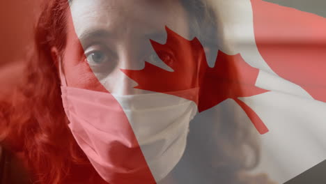 animación de la bandera de canadá ondeando sobre una mujer con máscaras faciales