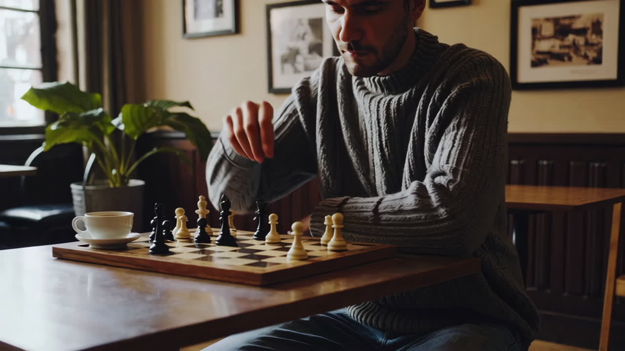 Man Playing Chess in a Coffee Shop