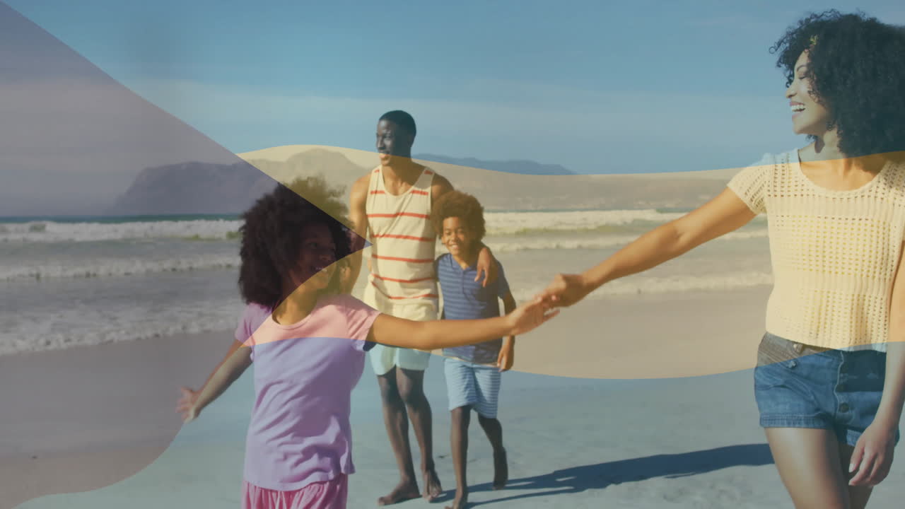 Family walking on beach holding hands over flowing bahamas flag animation