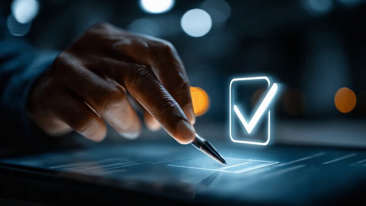 A Close-Up of a Hand Holding a Pen, Selecting a Checkmark on a Digital Screen, Representing Validations or Confirmations in a Modern Interface