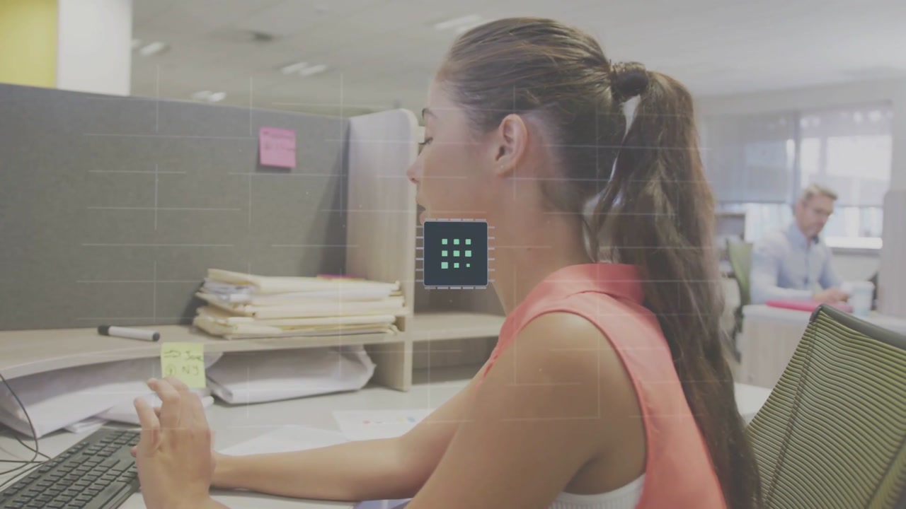 Female office worker pausing typing and arranging folders, responding to HUD graphic in office
