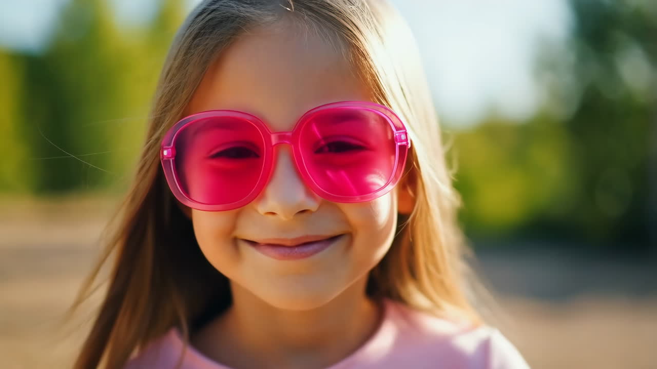 Happy Girl Smiling in Pink Sunglasses Outdoors