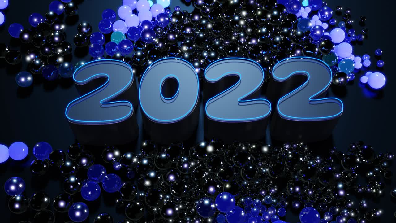 números de año nuevo en bucle 2022 y guirnalda de navidad de bolas o esferas esparcidas en el plano, que se iluminan de azul púrpura y forman un hermoso patrón. composición de navidad 4k con luz de neón