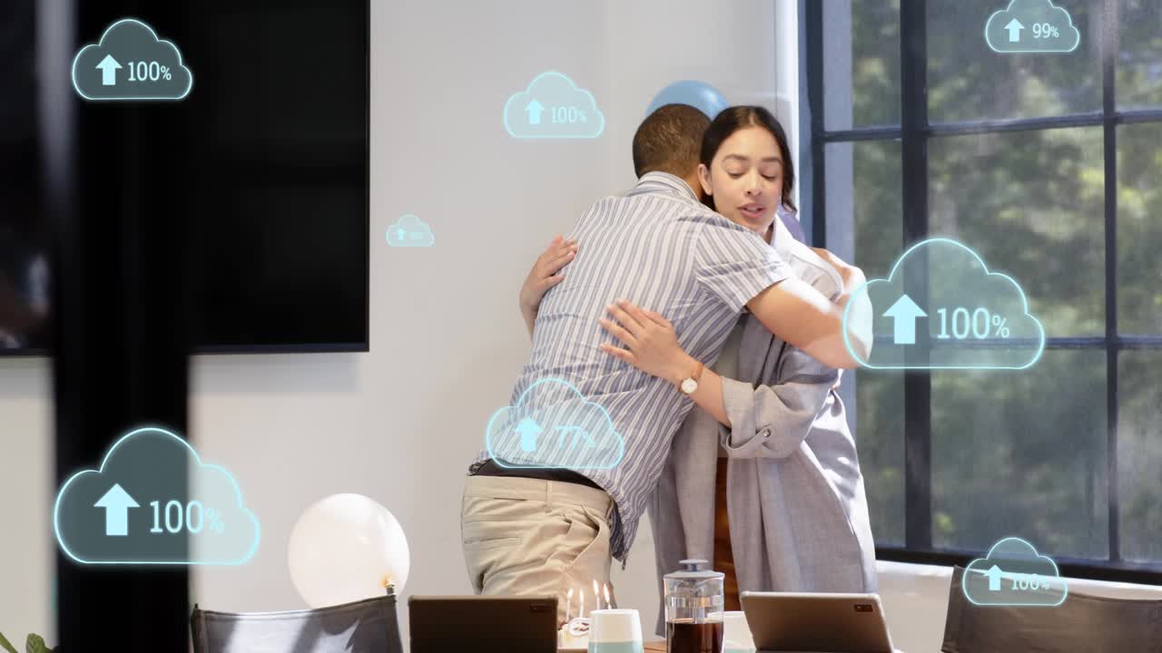 Office worker covering face as woman approaching with cake for milestone, cloud HUD showing percent