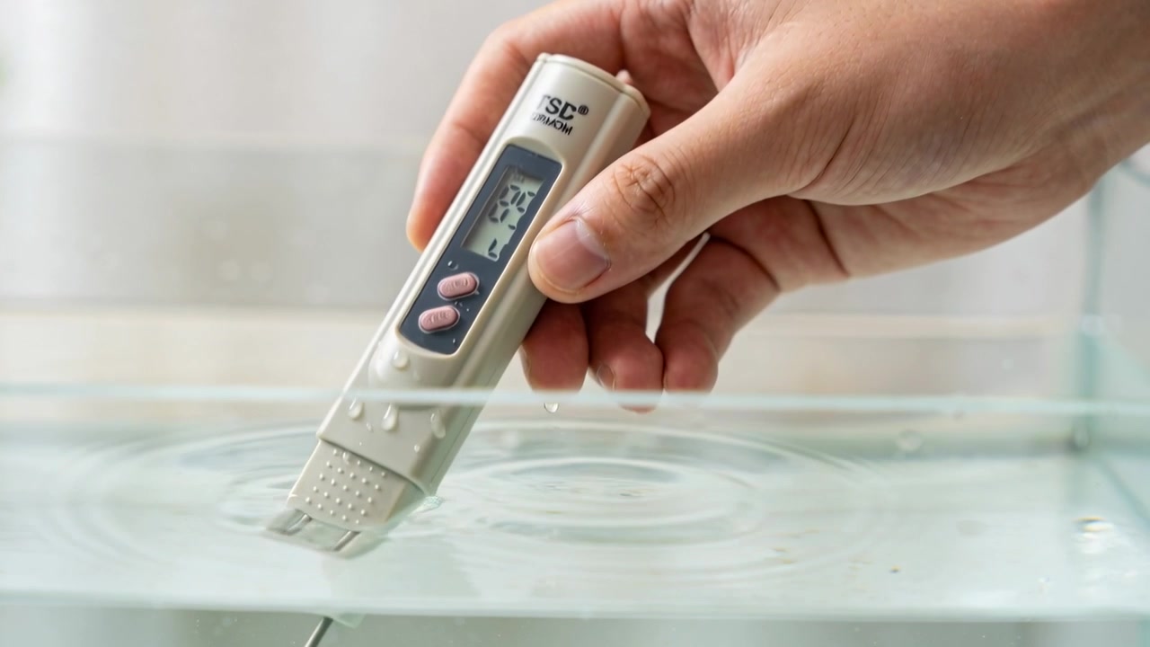 Una mano che tiene un misuratore TSC, immergendo la sonda nell'acqua di un acquario di vetro su un banco mentre il display LCD registra.