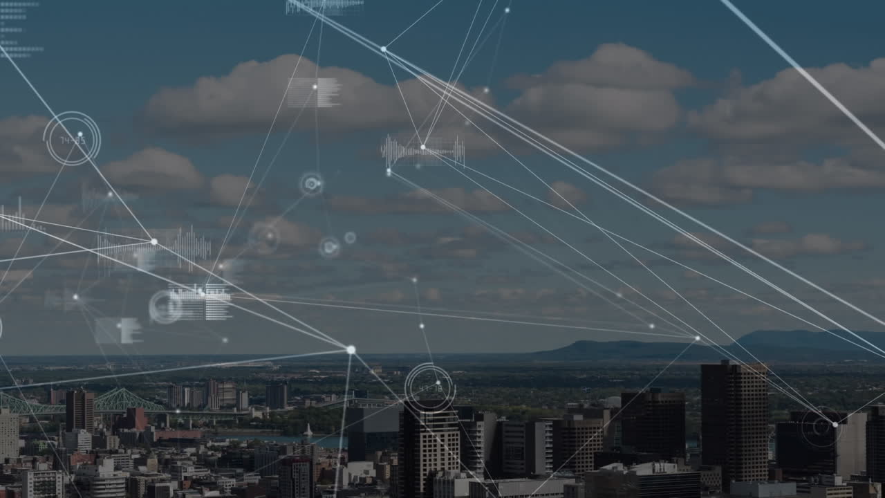 Animation of network of connections over cityscape