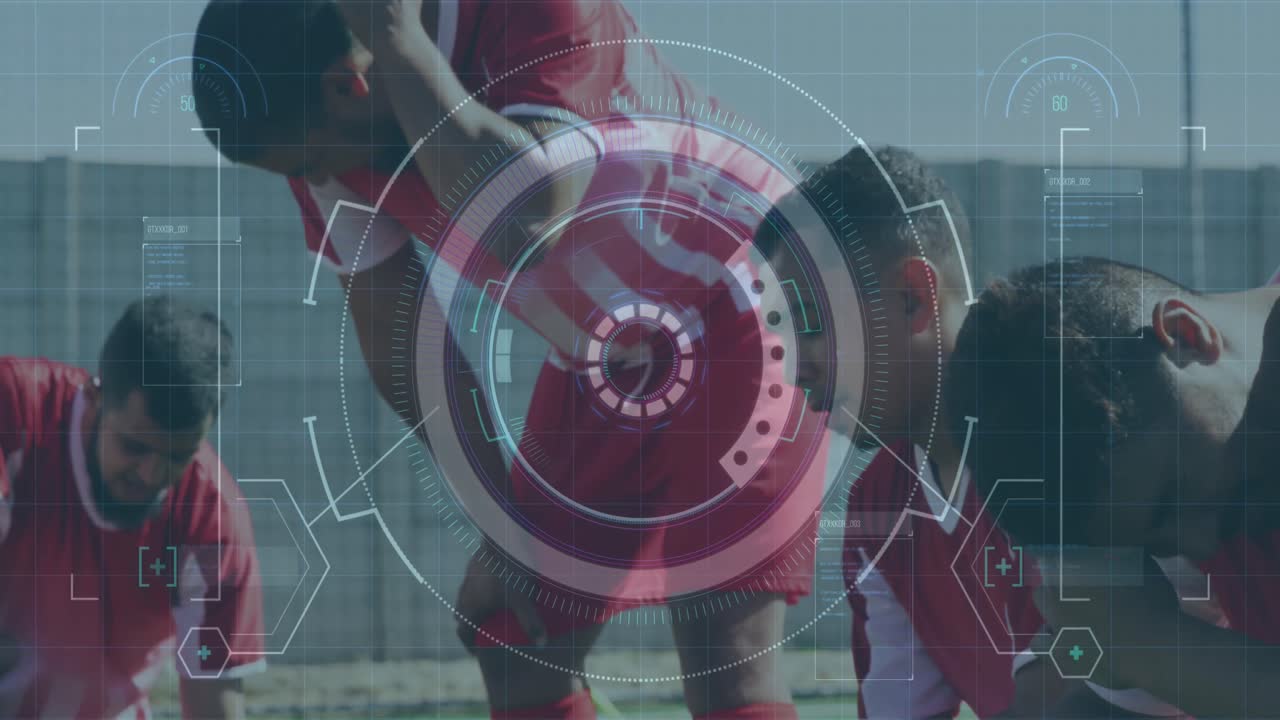 procesamiento de datos y escáner de alcance contra un equipo de jugadores de fútbol masculinos sentados en la decepción