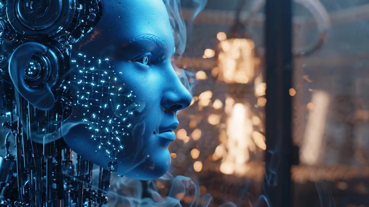 Testa di robot futuristica che emerge dalla nebbia, mostrando tecnologia avanzata e dettagli intricati in un'affascinante ambientazione fantascientifica, fondendo arte e innovazione
