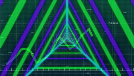 Animation-of-shapes-over-financial-data-processing-on-green-background