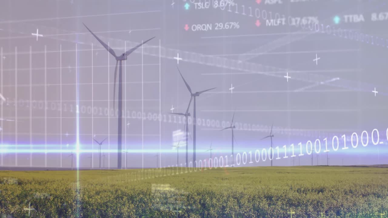 잔디에서 회전하는 풍차를 통해 통계, 증권 시장 데이터 처리의 애니메이션
