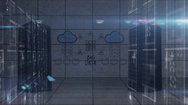 Animation of network of digital icons and data processing against computer server room