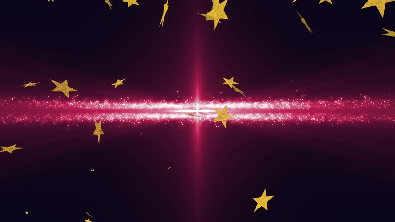 Central pink glitter band flaring and sending gold stars rotating and layering, enhancing depth