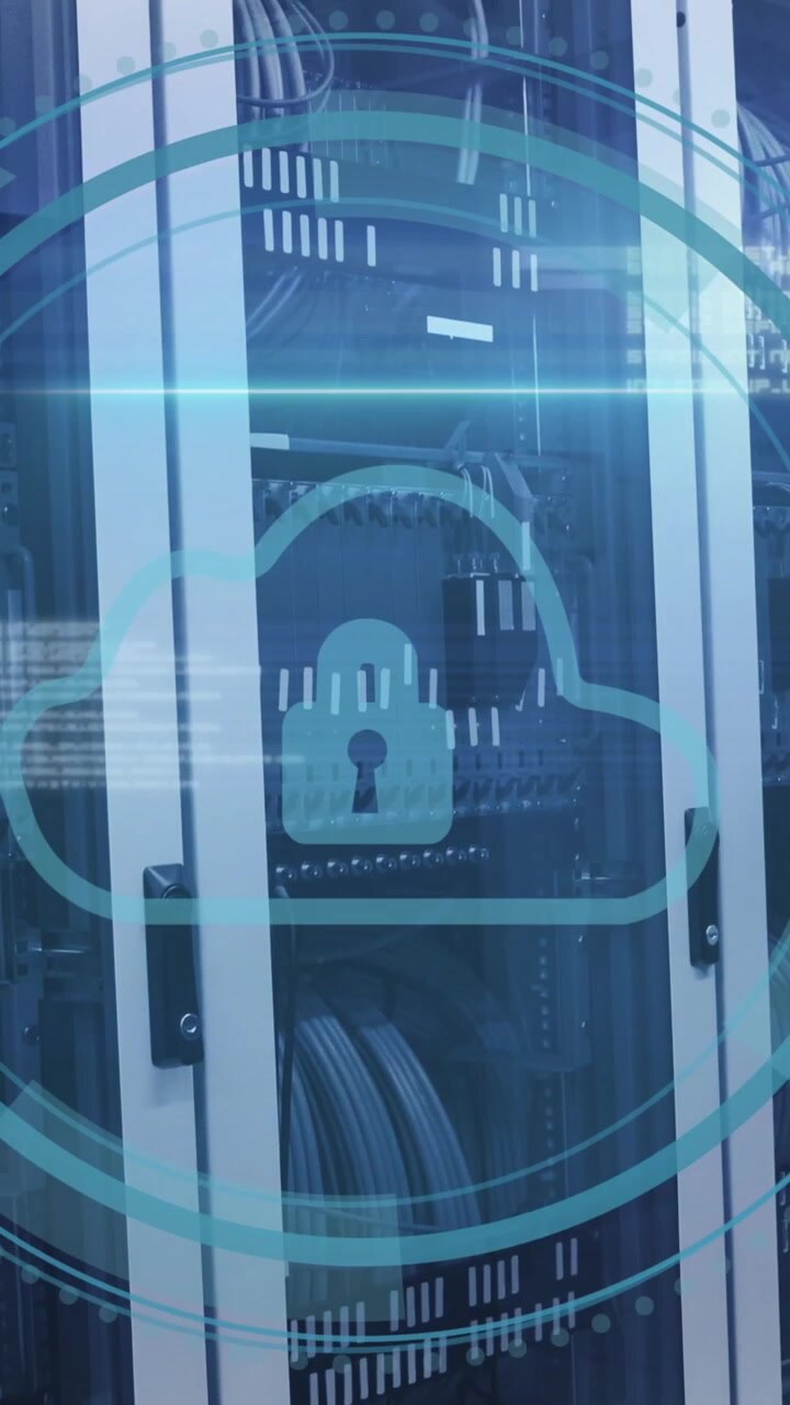 Animation of data processing and padlock over server room