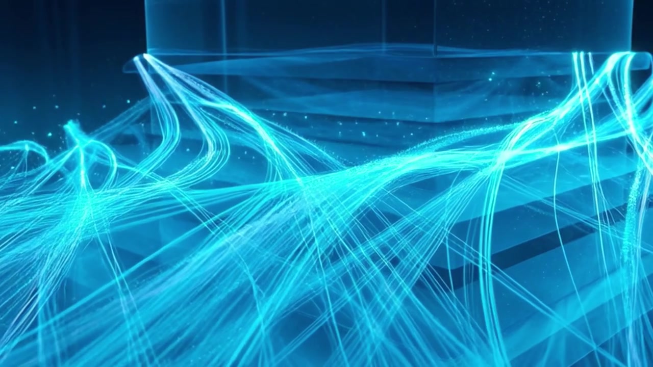 Abstract Blue Light Trails Flowing Over Geometric Structures