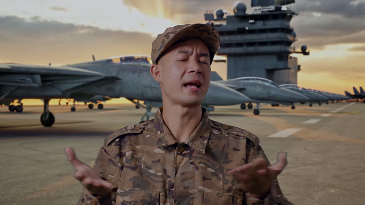 Military Personnel on Aircraft Carrier Deck at Sunset