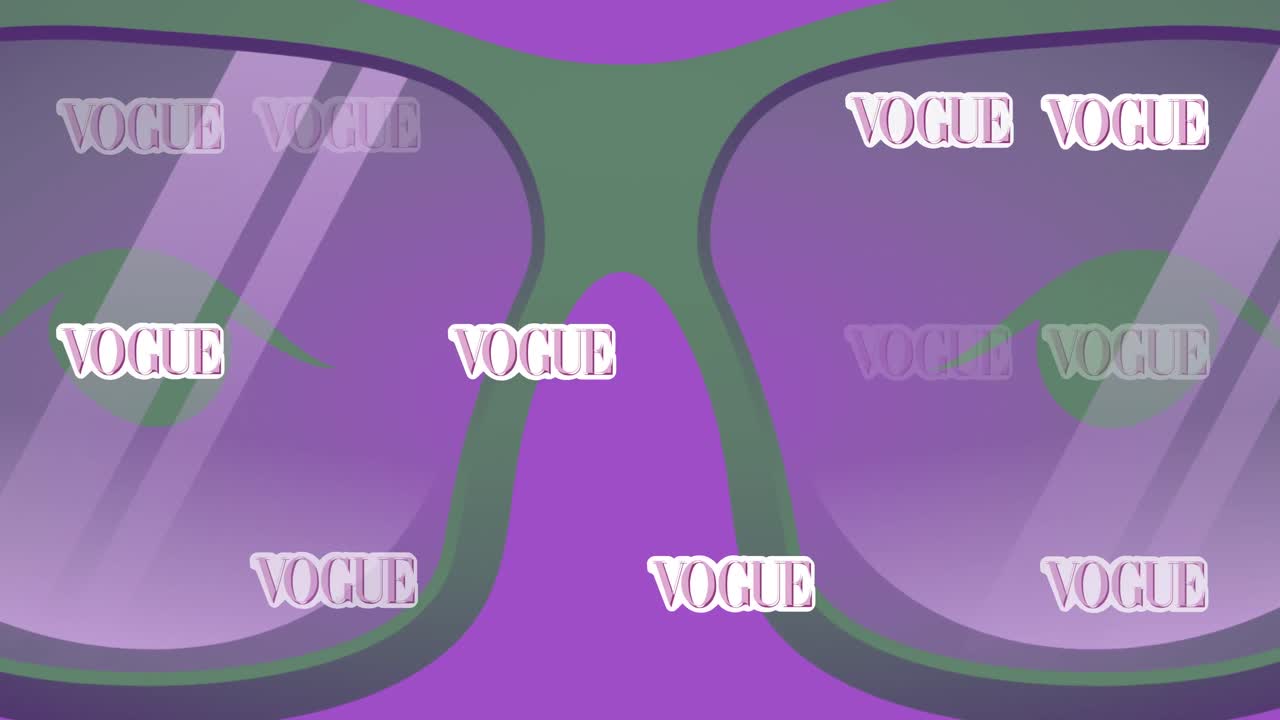 Animazione di icona di occhiali e testi vogue su sfondo viola