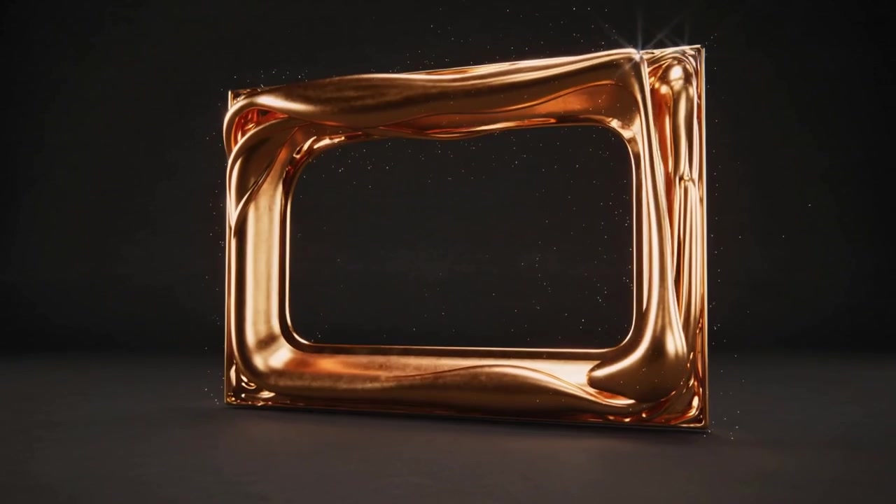 Si estende a destra, un nastro d'oro fuso forma una cornice su una base nera opaca, espellendo scintille e bagliori.