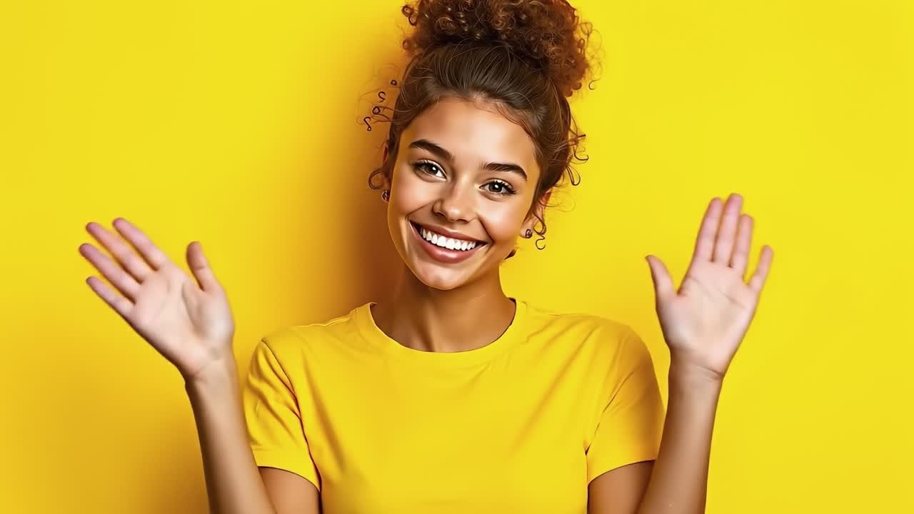 una mujer con una camisa amarilla con las manos en el aire
