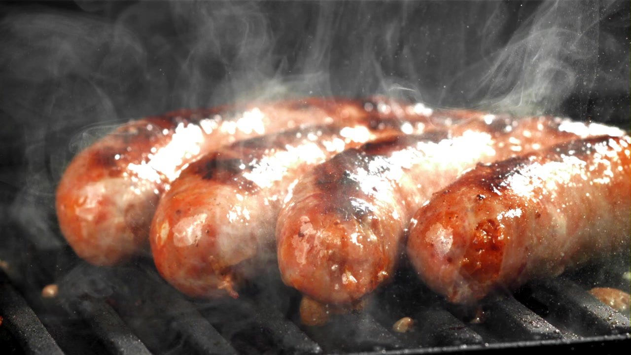 Deliziose salsicce che sfrigolano e fumano su una griglia per barbecue