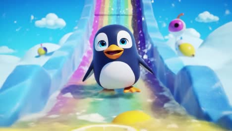 a playful penguin sliding down a colorful rainbow water slide surrounded by whimsical clouds and cheerful eyes in a vibrant animated landscape